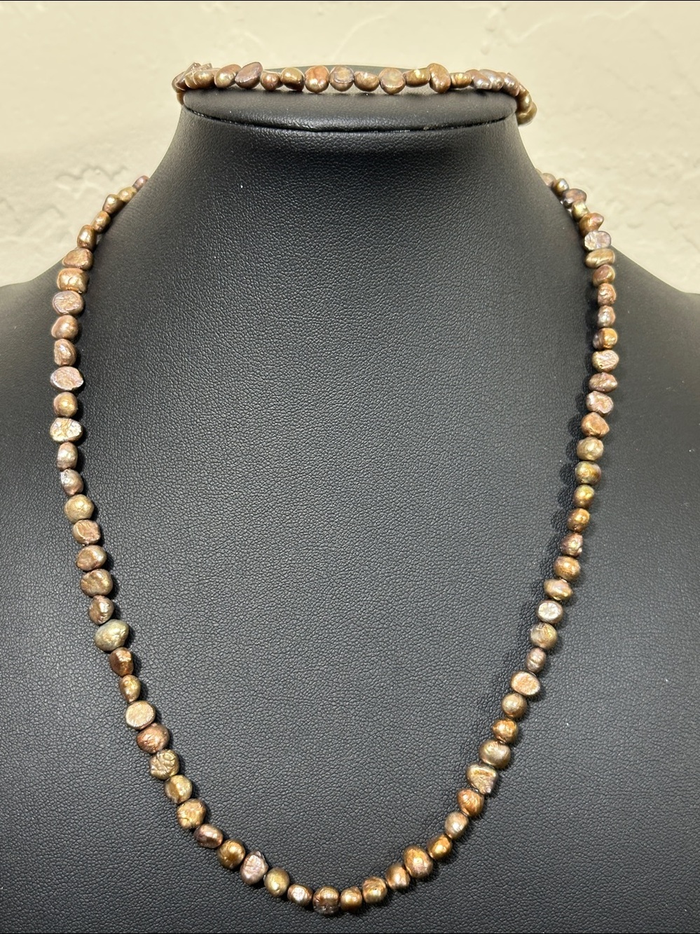 Dyed Bronze Pearl Necklace & Bracelet Set 925 Marked Lobster Claw Clasp Vintage